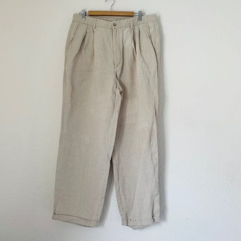 Vintage Banana Republic Safari Travel Linen Pants 38x34 (37x30) Tan Pleated 80s